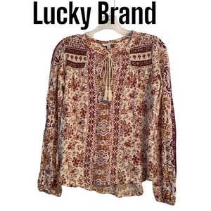 Lucky Brand Keyhole Womens Top Tassel Cotton Stretch Long Sleeve Size XS
